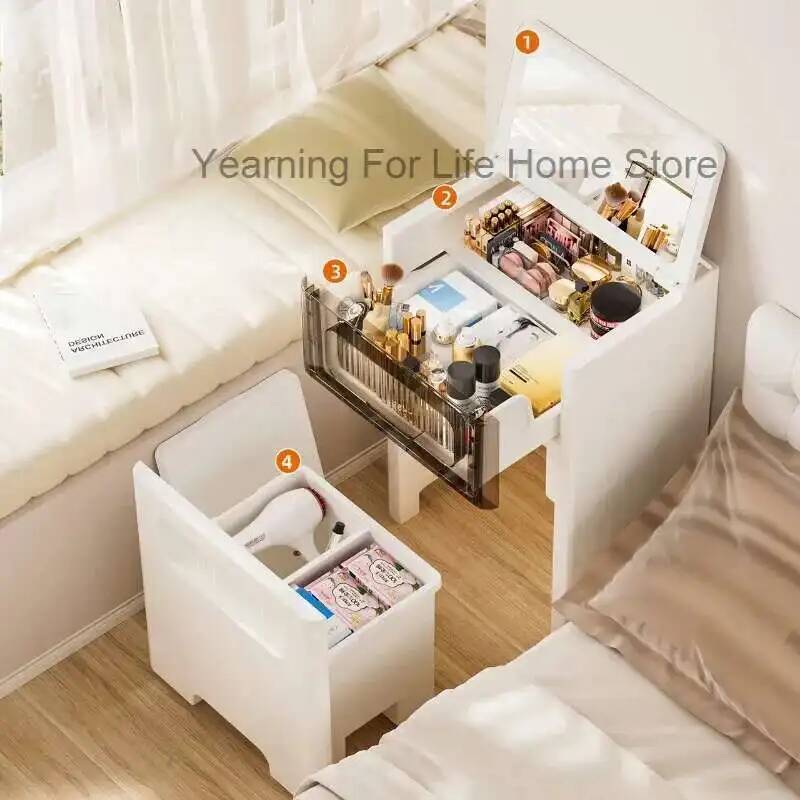 Desk Setup Bedroom - デスクドレッサー化粧台、ミラー付き小型メイクアップバニティセット、引き出し付き寝室用家具