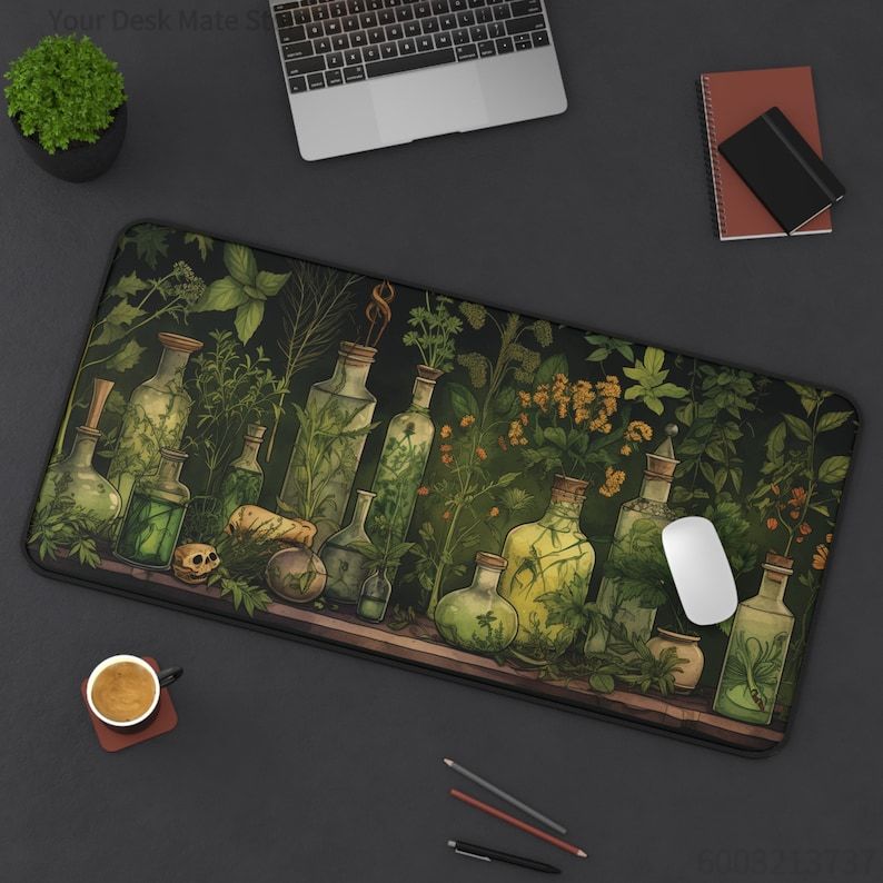 Desk Setup With Plants - 魔女のような植物ポーション植物デスク装飾グリーンデスクマットマウスパッドマウスパッドキーボードマットラグPCアクセサリーオフィスカーペットセットアップ