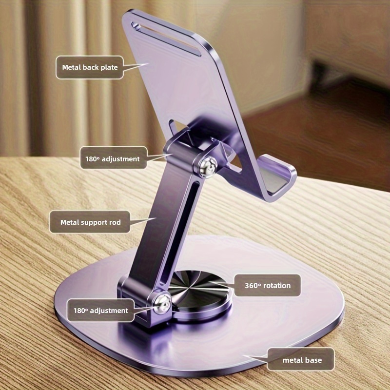 Desk Setup Essentials - 360 ° 金属製スマホホルダー、調節可能な折りたたみ式スタンド、頑丈なベース、デスクやベッドサイドでの使用に万能、オフィス必需品