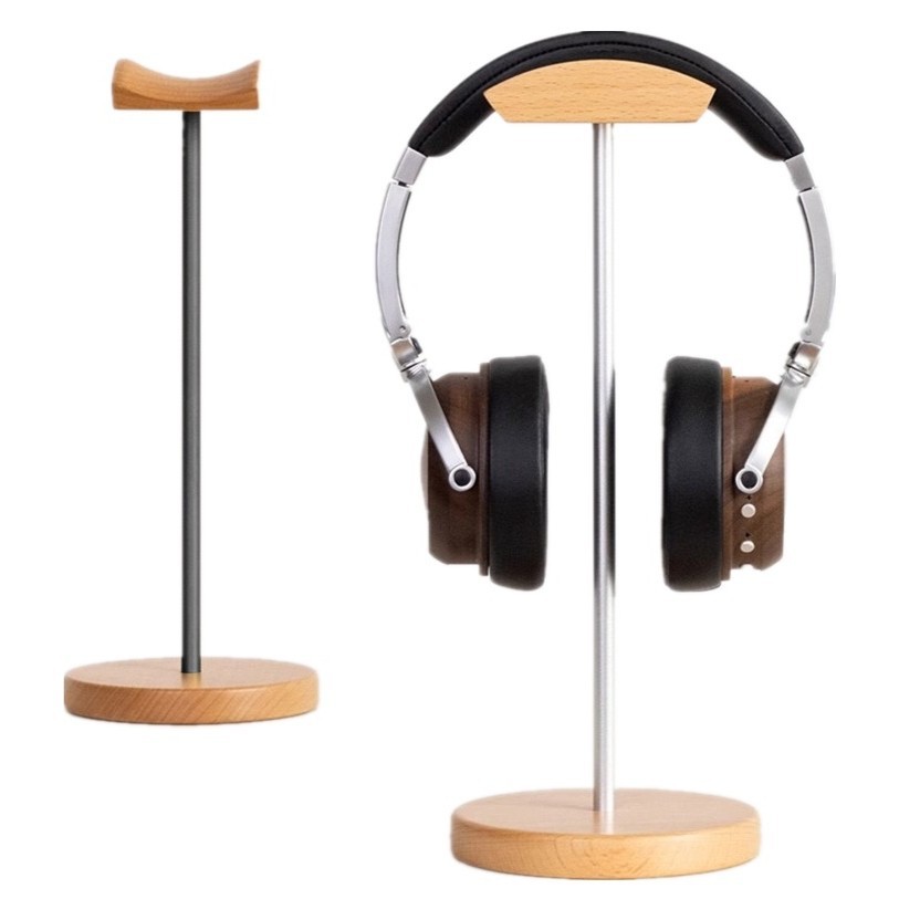 Desk Setup Desk - ブラックウォルナット材とアルミニウム製ヘッドホンスタンド、天然ウォルナットゲーミングヘッドセットホルダー、テーブルデスクディスプレイ用の頑丈な金属ベース付き