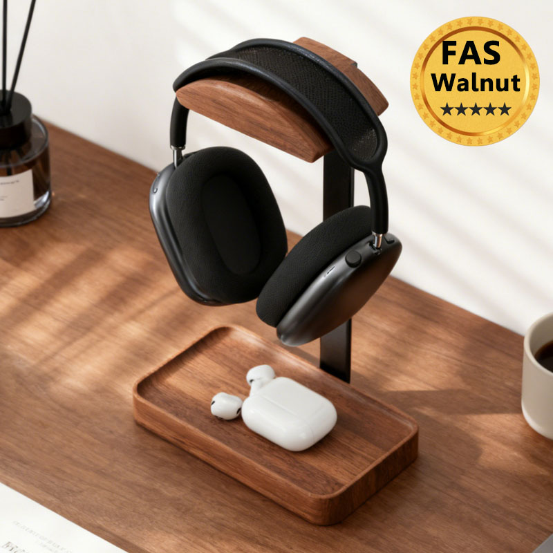 Desk Setup Wood - 無垢材ヘッドフォンスタンド ブラックウォールナット+アルミニウム合金 ゲーミングヘッドセットホルダー デスクトップブラケット ディスプレイ棚 収納ベース付き