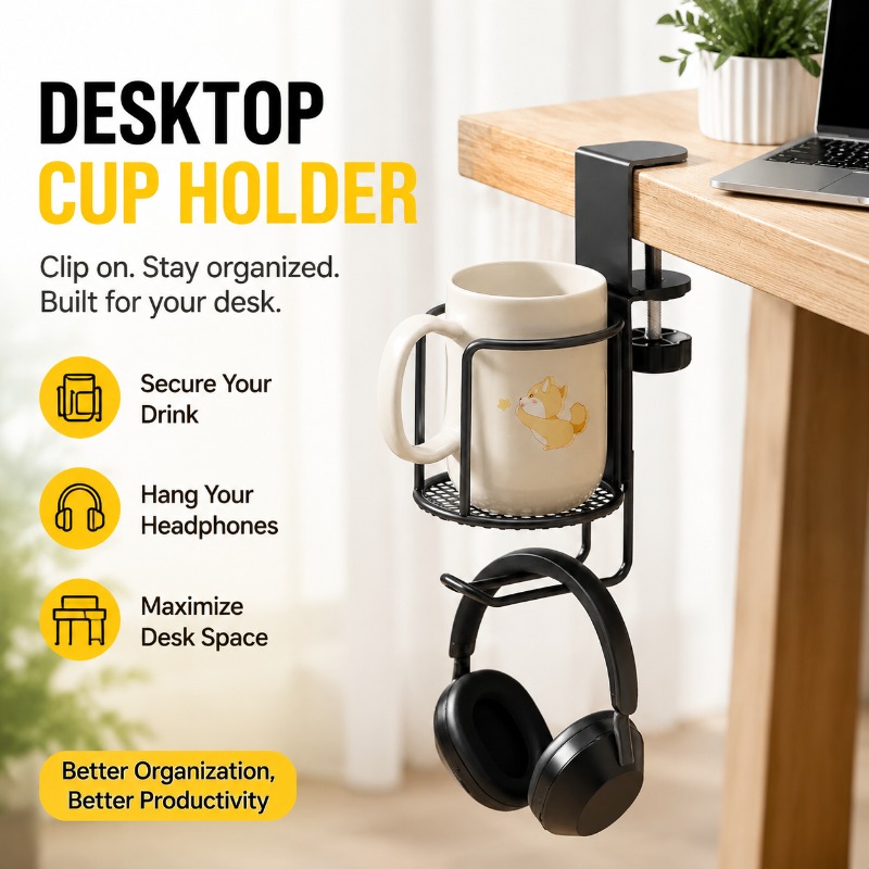 Desk Setup Headphones - 2in1デスクカップホルダーヘッドホンスタンド360度回転ドリル不要マグカップクリップテーブル下コーヒーオーガナイザーフックオフィスセットアップ用