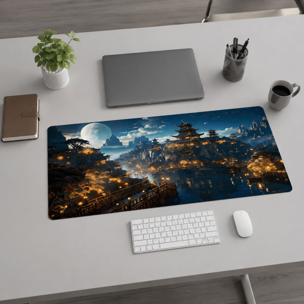 Work Desk Home Setup - オリジナルのファンタジーな夜の街の月プリントの細長いテーブルマット。 オフィス、ホームオフィスデスク、仕事やゲームのセットアップに適しています。