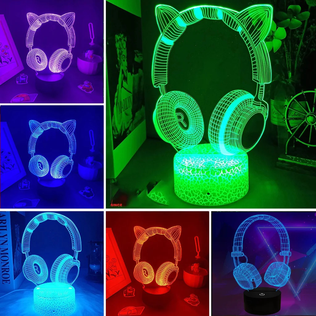 Desk Setup Headphones - ヘッドセットと子供のための3D錯覚常夜灯,ヘッドセット,テーブルランプ,クールなゲームコンソール,寝室の装飾,クリスマスプレゼント,新しい