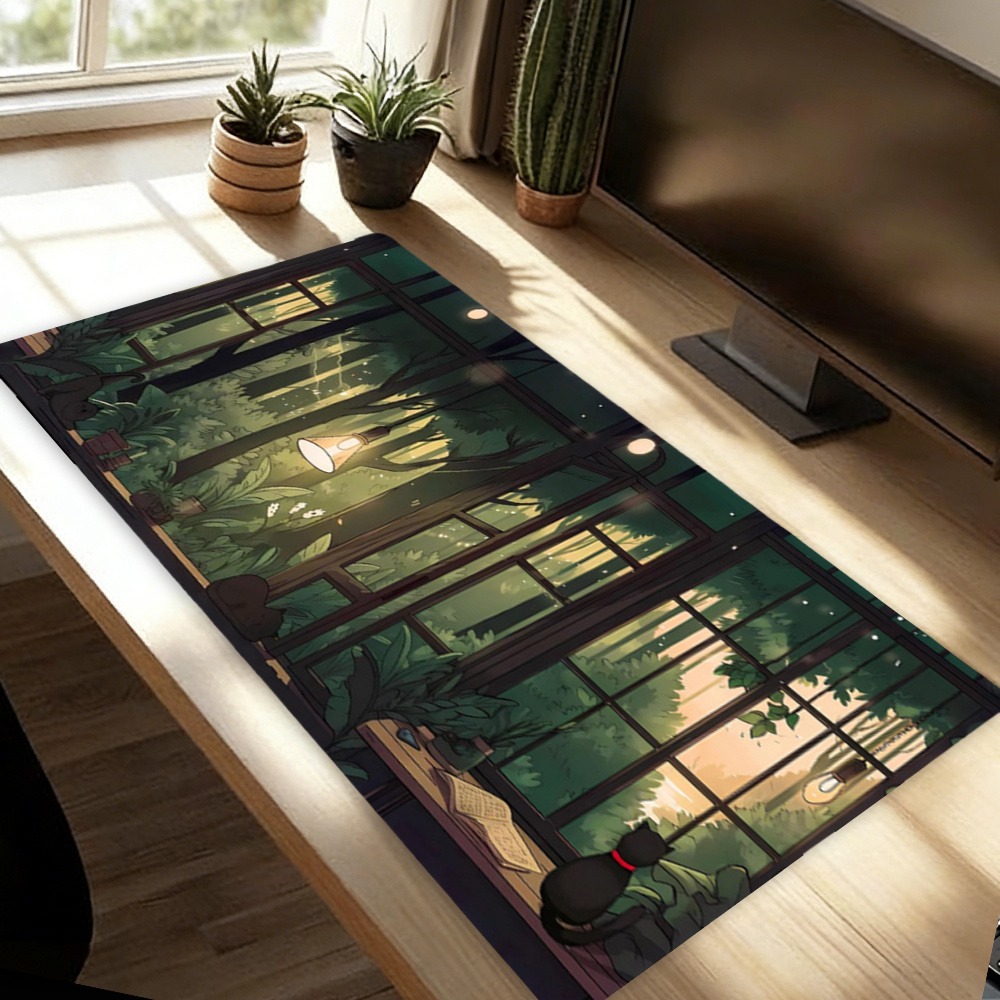 Desk Setup With Plants - かわいいロフィデスクマット - 緑の植物マウスパッド - 大きな黒猫の美的デスクマット alfombrilla