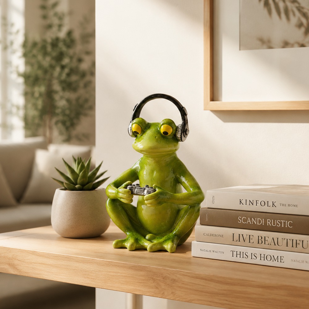 Desk Setup Headphones - 面白いゲーミングカエルの置物、ヘッドホン付き樹脂製ゲームコントローラーカエルフィギュア、デスクデコレーション、美的なギークゲーマーの部屋の装飾、ギフト