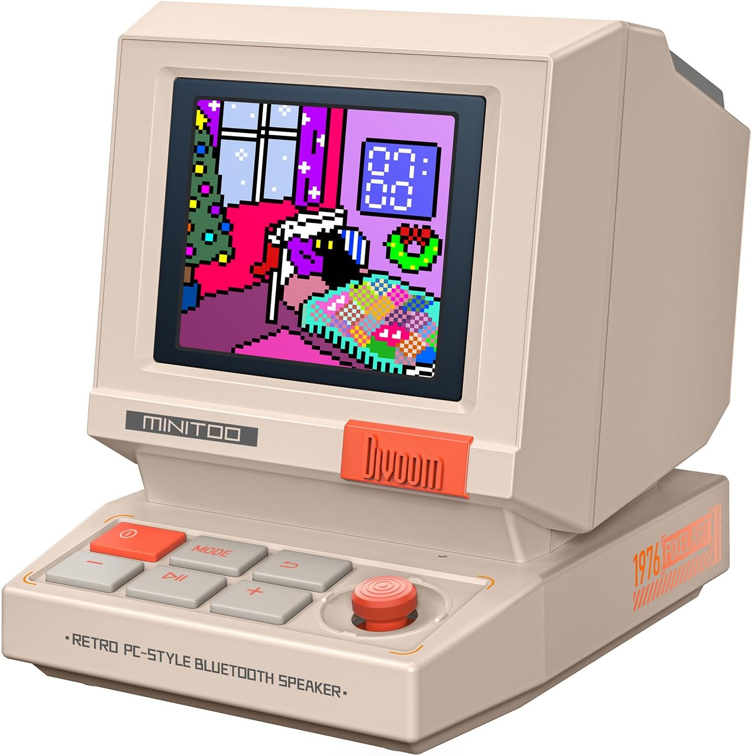 Desk Setup Bedroom - レトロPC風ミニスピーカー、スマートピクセルスクリーン搭載、DIYフェイス、Bluetooth＆USB対応、目覚まし時計＆ホワイトノイズ機能付き、寝室、オフィス、ゲーム用デスクトップセットアップ