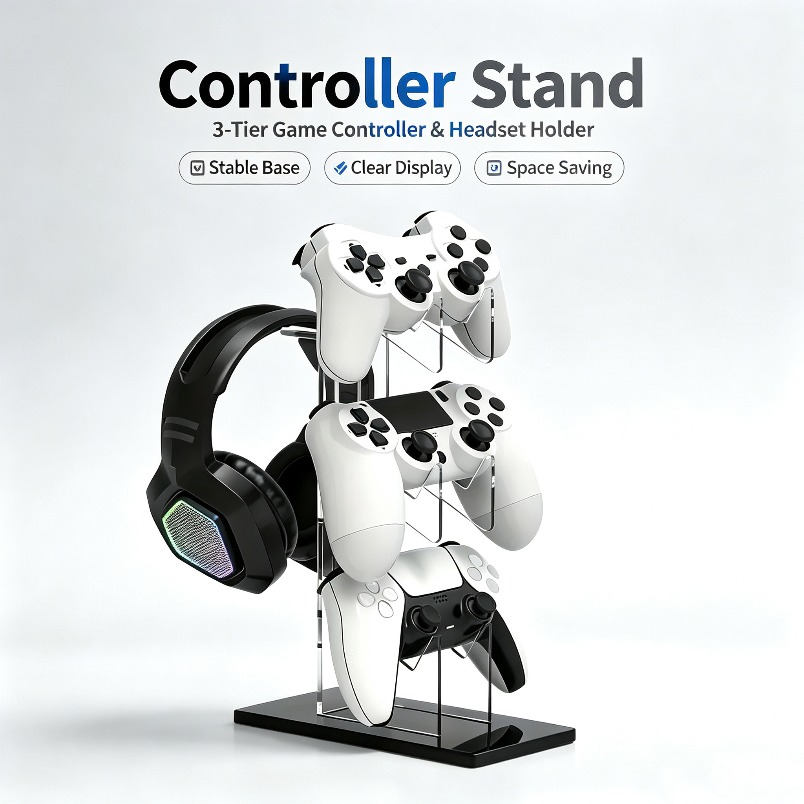 Desk Setup Headphones - コントローラースタンド 3段ヘッドフォンハンガー ゲーム収納ラック 省スペースデスクオーガナイザー PS5 PS4コンソールゲームセットアップ用