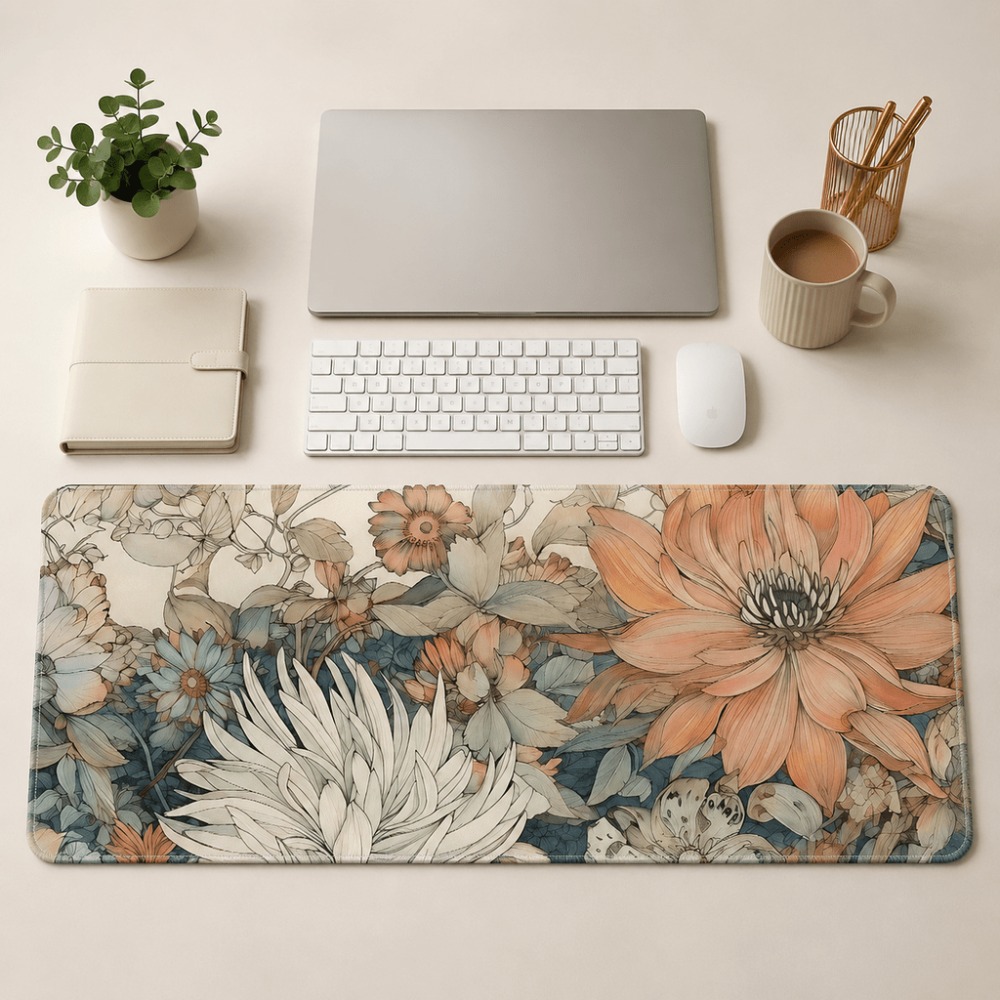 Desk Setup With Plants - レトロな花柄のテーブルマット、植物や花のプリントが特徴で、女性やデスクユーザーに最適、ノートパソコンのワークセットにも適しています。