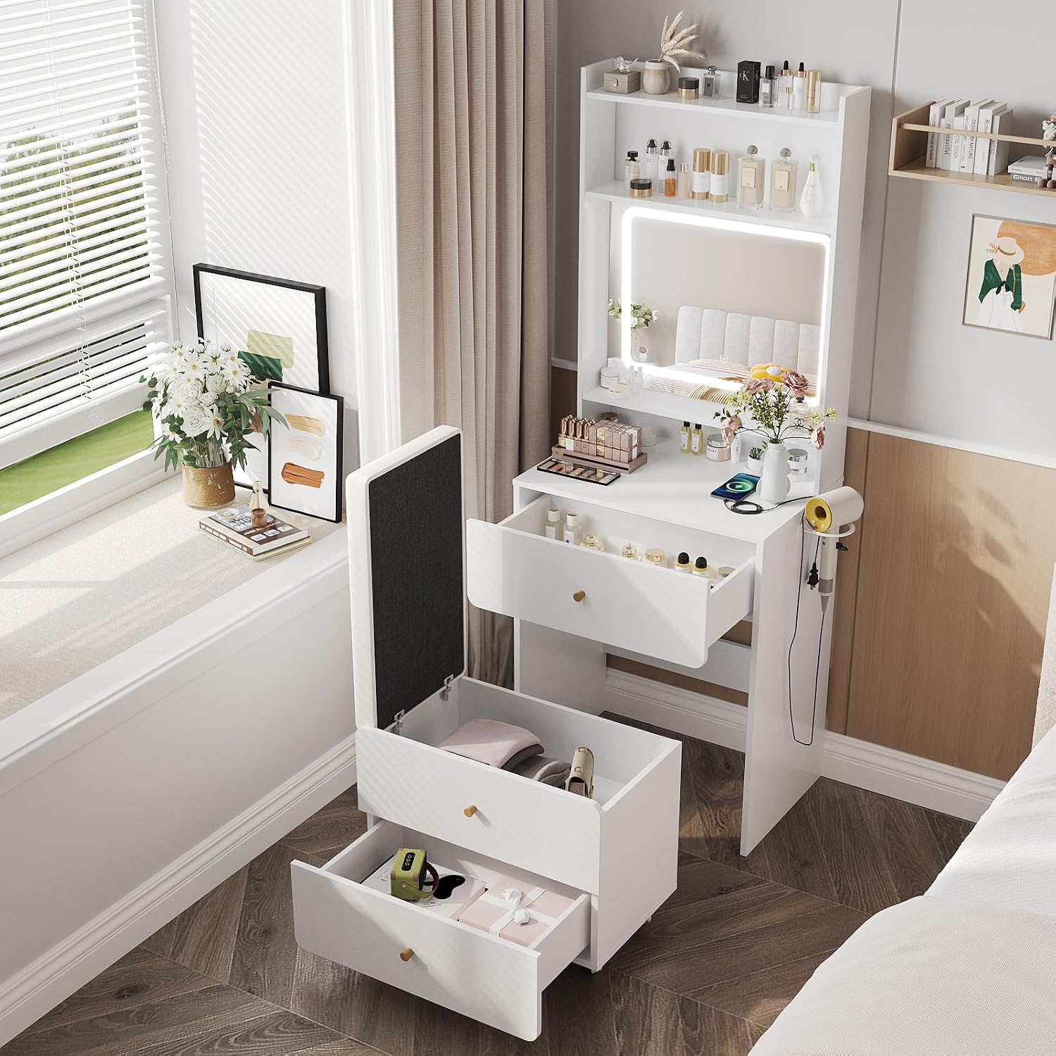 Desk Setup Bedroom - 鏡とライト付きメイクアップ化粧台、収納付き小型化粧台、充電ステーション付きホワイト化粧台セット、カスタマイズ可能