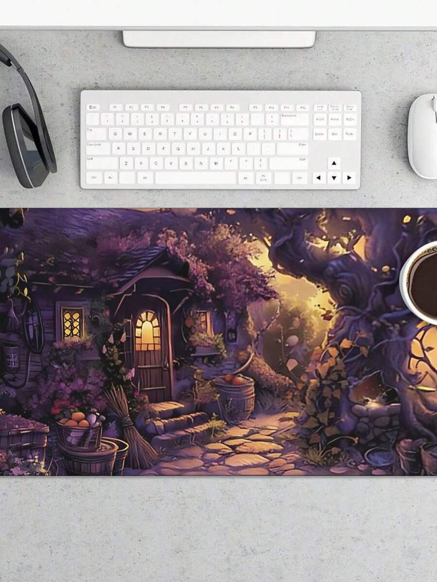 Work Desk Home Setup - ファンタジーコテージデザインの大型ゲーミングマウスパッド、滑り止めゴムベースのデスクマット、オフィス、家庭、仕事用