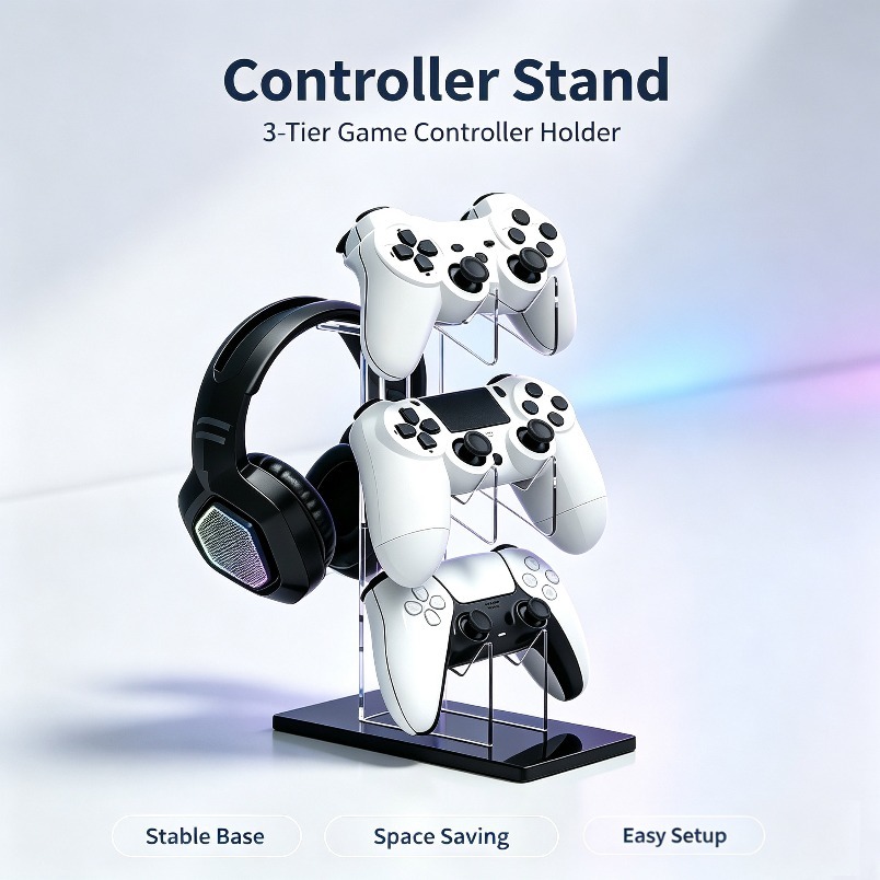 Desk Setup Headphones - ゲーム収納ラック 3段コントローラースタンド ヘッドフォンハンガー 頑丈なディスプレイ棚 省スペース PS5