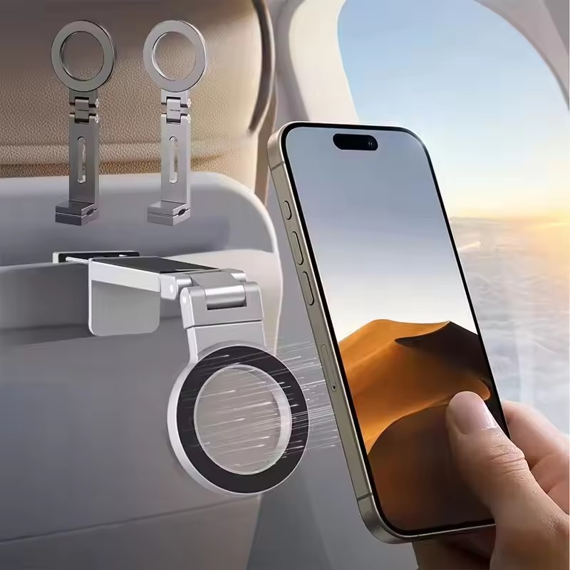 Desk Setup Essentials - 調整可能なユニバーサル磁気式スマホホルダー、旅行必需品、フレキシブル回転、ハンズフリー、飛行機用スマホマウント、シート用スマホスタンド