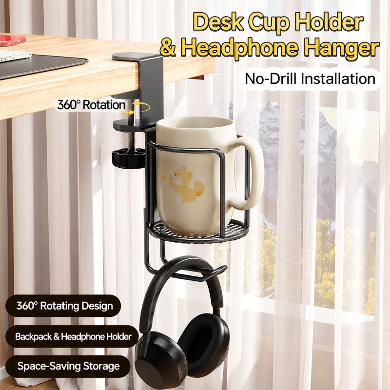 2in1デスクカップホルダーヘッドホンスタンド360度回転ド - Desk Setup Headphones のレビューと価格