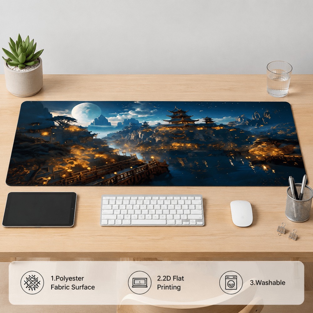 オリジナルのファンタジーな夜の街の月プリントの細長いテーブル - Work Desk Home Setup のレビューと価格