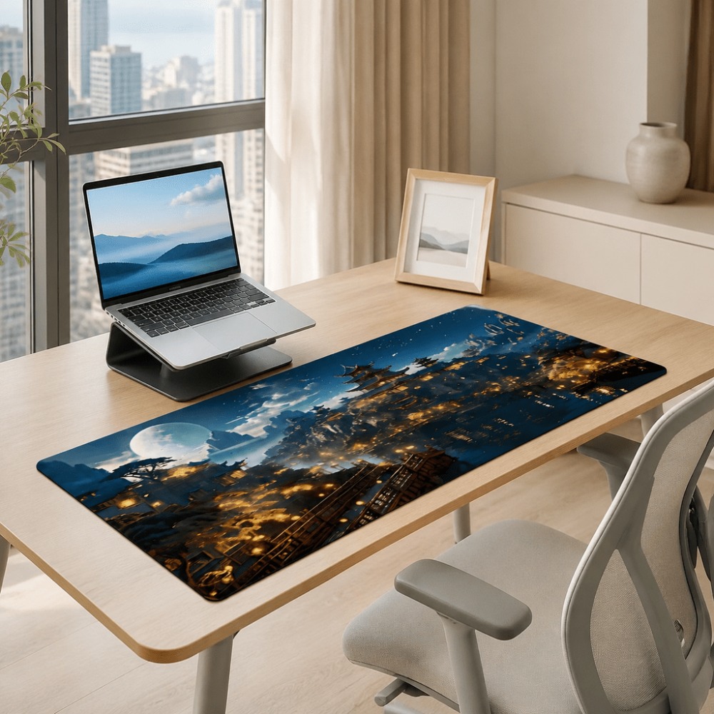 オリジナルのファンタジーな夜の街の月プリントの細長いテーブル - Work Desk Home Setup のレビューと価格