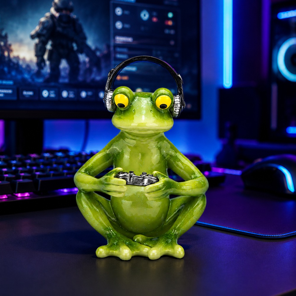 面白いゲーミングカエルの置物、ヘッドホン付き樹脂製ゲームコン - Desk Setup Headphones のレビューと価格