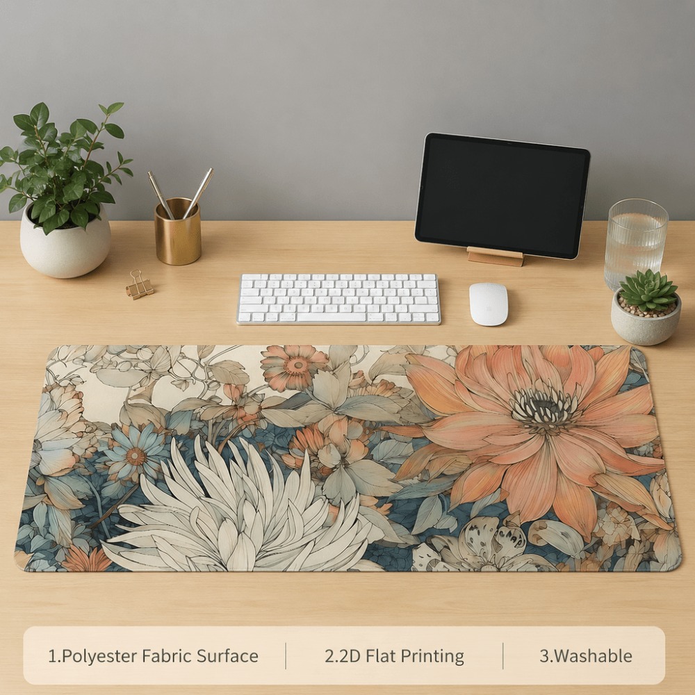 レトロな花柄のテーブルマット、植物や花のプリントが特徴で、女 - Desk Setup With Plants のレビューと価格