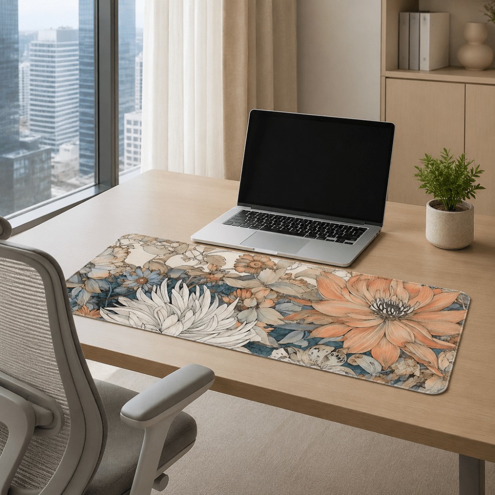 レトロな花柄のテーブルマット、植物や花のプリントが特徴で、女 - Desk Setup With Plants のレビューと価格