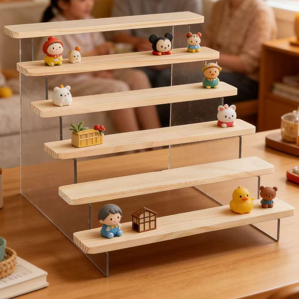 焦げた木製ステップディスプレイスタンド、2～6段アクリル製ブ - Desk Setup Wood のレビューと価格
